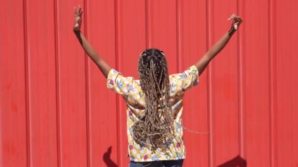 Chica africana peinada con trenzas de colores dejándolos caer. Peinado típico africano. — Vídeo de stock