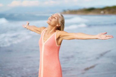 Güzel yaşlı dişi güzel bir kumsalda kollarını açıyor, boş zamanlarını geçiriyor..