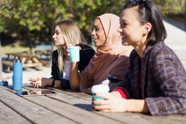 Alegre diversas damas tomando un café y charlando en el parque de la ciudad —  Fotos de Stock