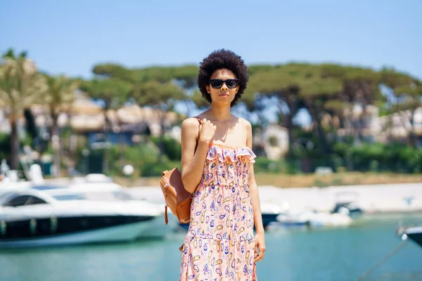 Mulher Negra Com Penteado Afro Vestido Verão Caminhando Por Porto — Fotografia de Stock