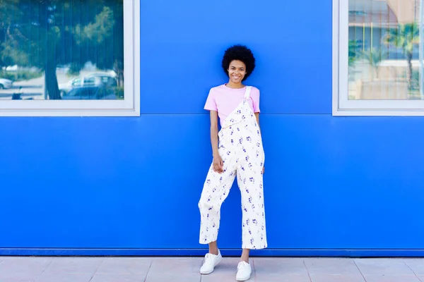 Joven Mujer Negra Con Cabello Afro Modelo Moda Posando Contra — Foto de Stock