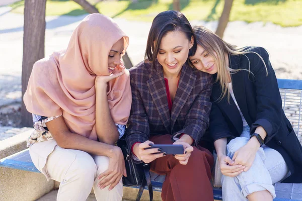 Stylish young multiracial girls friends smiling while watching interesting video on mobile phone sitting on bench in park on sunny day