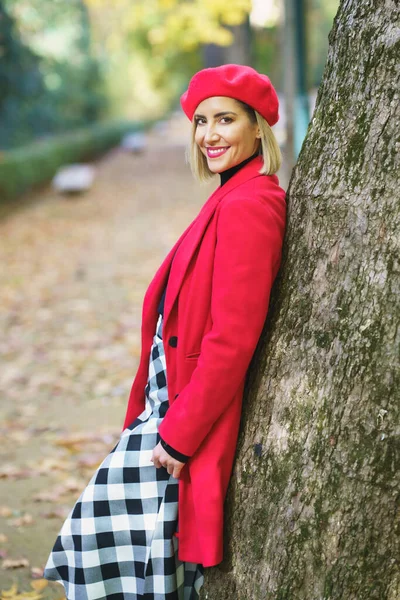 Side View Smiling Female Wearing Red Outerwear Checkered Shirt Leaning — Stock Photo, Image