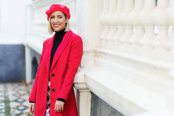 Happy Female Fashionable Red Clothes Beret Looking Camera Smile While — Foto de Stock