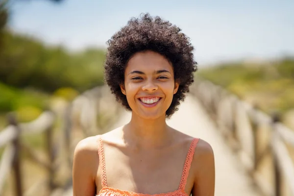 Cheerful Young Black Woman Curly Hair Smiling Looking Camera While — 스톡 사진
