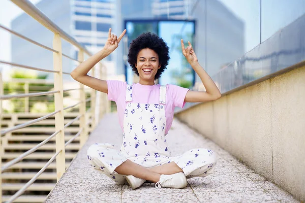 Full Body Cheerful African American Female Looking Camera While Showing — ストック写真