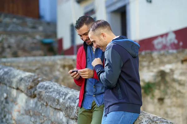 Gay Couple Looking Smartphone Homosexual Relationship Concept — 图库照片