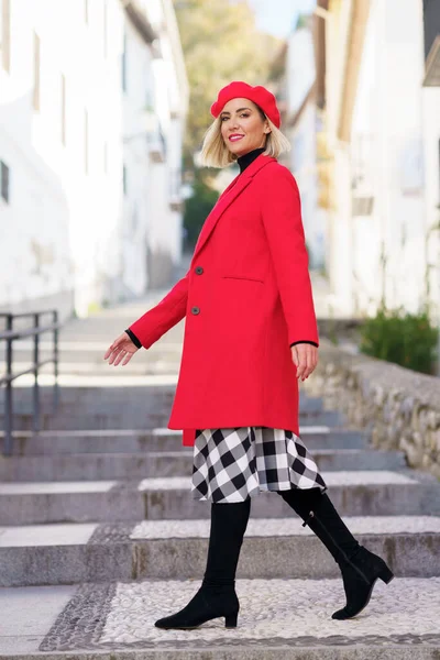 Full Body Charming Female Red Beret Looking Camera Smile While — Stok fotoğraf