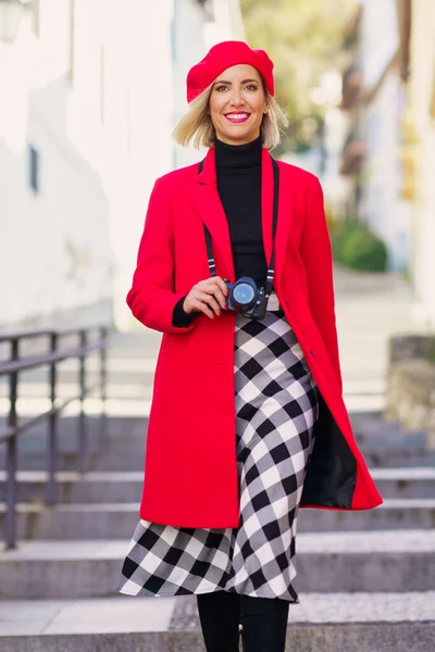 Cheerful Young Female Blond Hair Stylish Red Coat Beret Photo — Fotografie, imagine de stoc