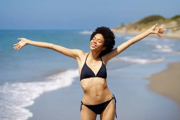 Positive African American Female Swimwear Standing Outstretched Arms Closed Eyes — Stok fotoğraf