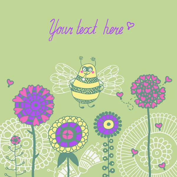 Bee vliegen over bloemen. — Stockvector