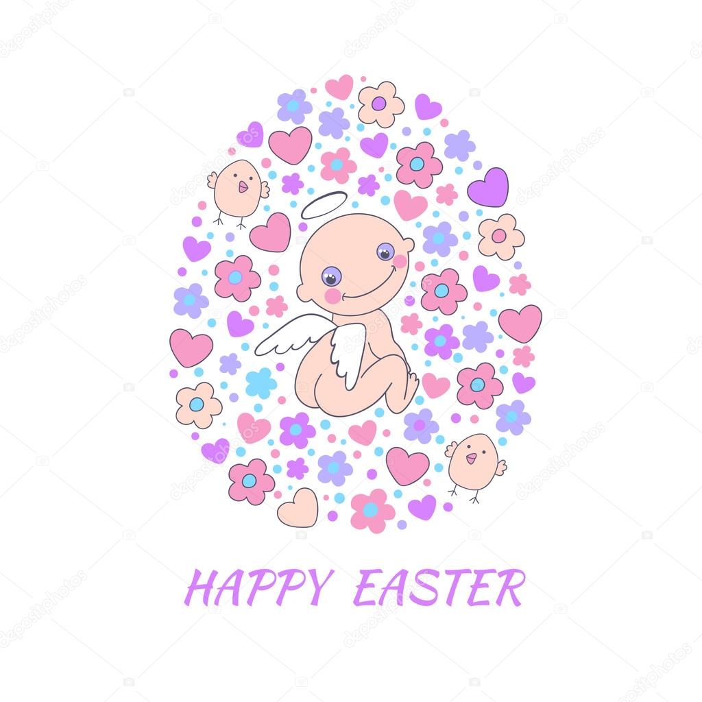 Easter concept card. Bright holiday background made of angel, fl