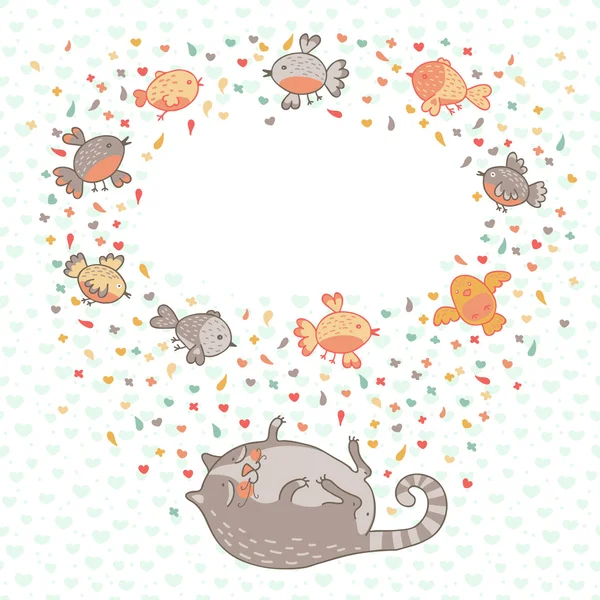 Illustrazione vettoriale di un gatto carino e uccelli. Carta con posto per — Vettoriale Stock