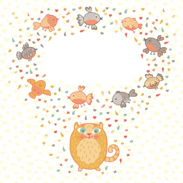 Illustration vectorielle d'un chat et d'oiseaux mignons. Carte avec place pour — Image vectorielle