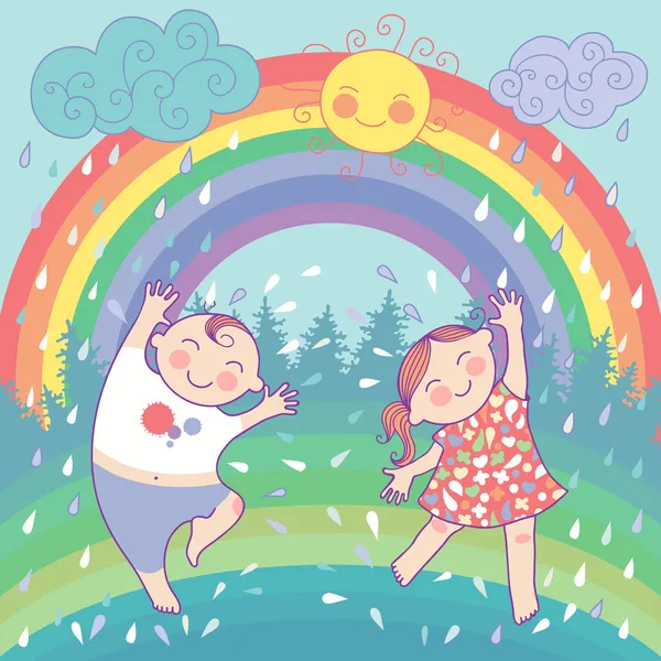 Ilustração com crianças felizes, arco-íris, chuva, sol — Vetor de Stock