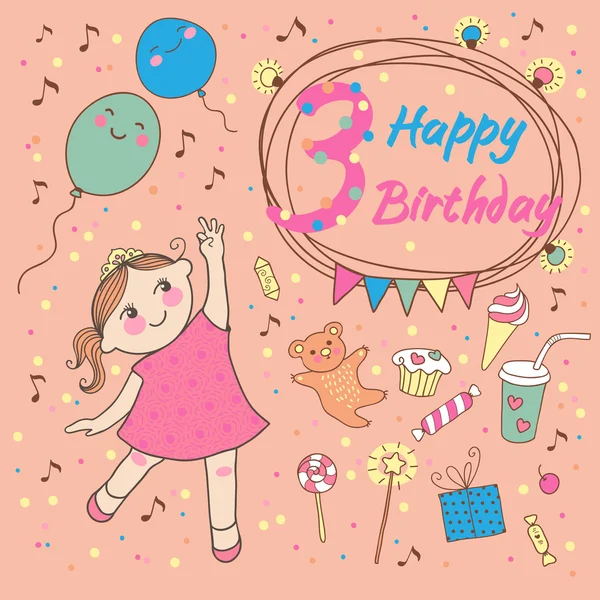 Födelsedag av den lilla flickan 3 år. gratulationskort eller inbjudan — Stock vektor