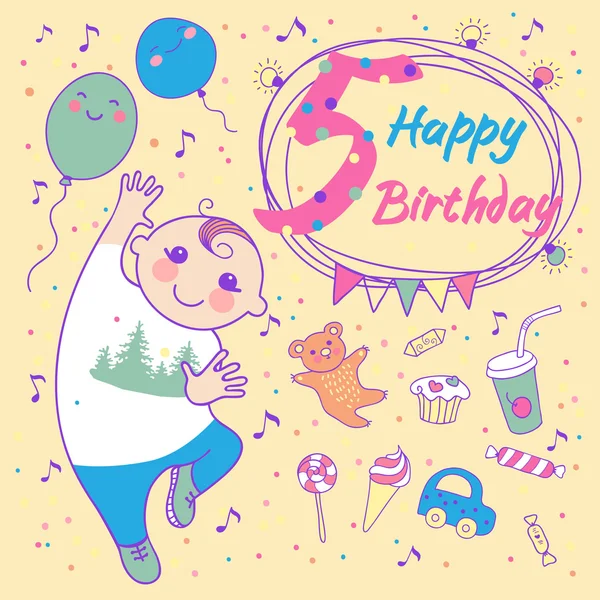 Födelsedag av den lilla pojken 5 år. gratulationskort eller inbjudan — Stock vektor