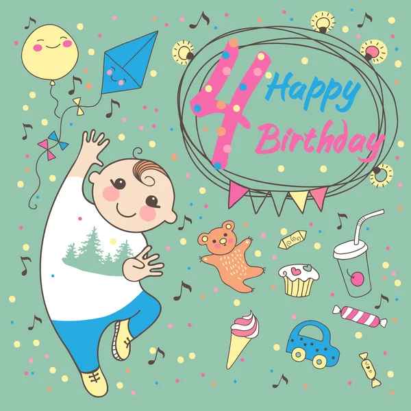 Cumpleaños del niño pequeño 4 años. Tarjeta de felicitación o invitación — Archivo Imágenes Vectoriales