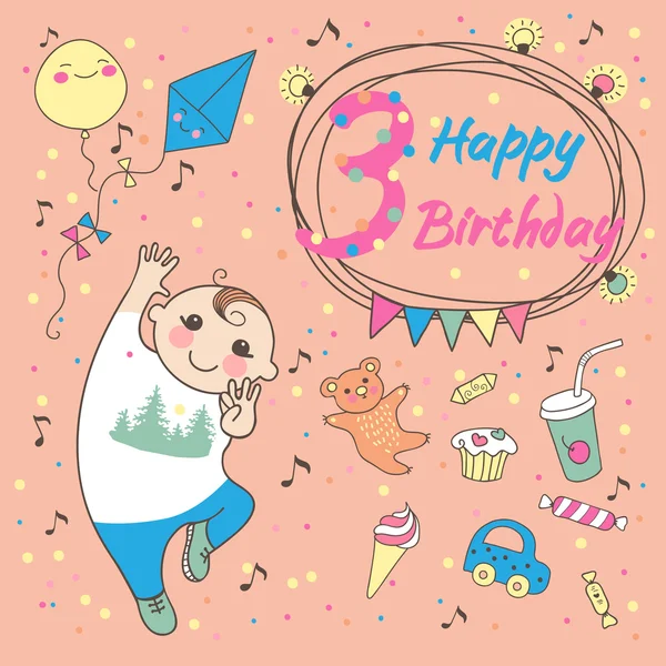 Födelsedag av den lilla pojken 3 år. gratulationskort eller inbjudan — Stock vektor
