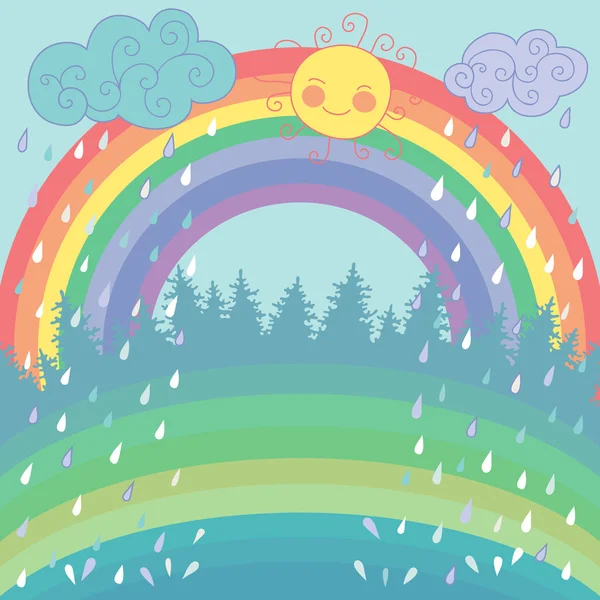 Fondo colorido con un arco iris, lluvia, sol en estilo de dibujos animados . — Vector de stock