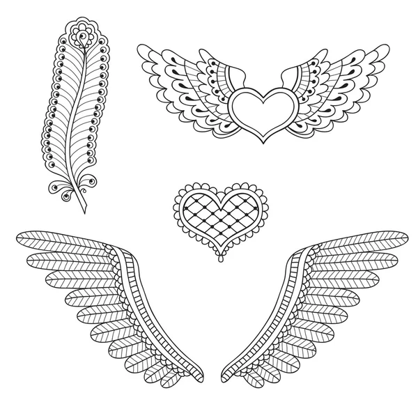 Set de tatuajes corazones, alas, plumas — Vector de stock