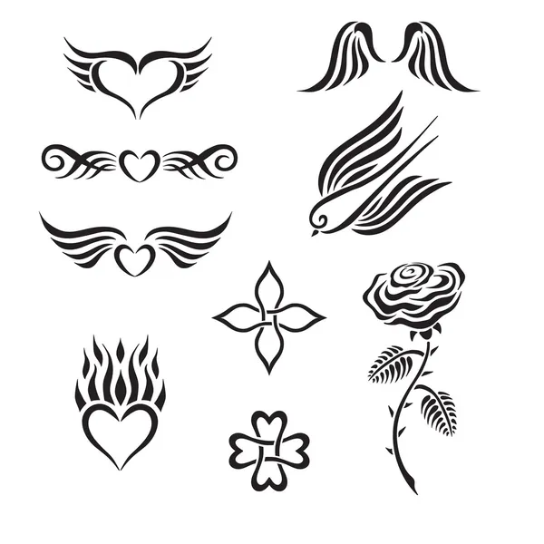 Tribal dövme Kalpler, rose, kırlangıç, kanatları da dahil olmak üzere bir dizi — Stok Vektör
