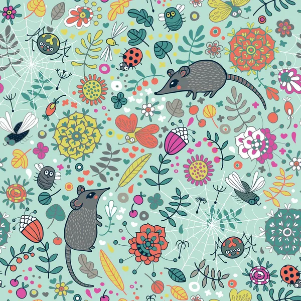 Texture florale sans couture, motif avec fleurs, souris, araignées, boisseaux — Image vectorielle