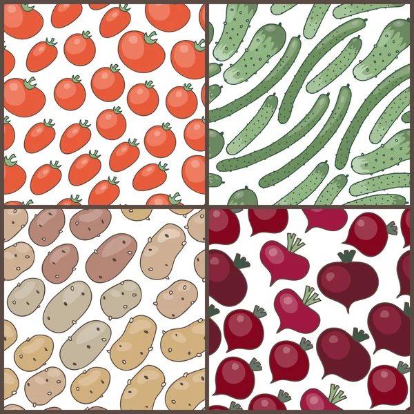 Set of seamless patterns with vegetables: tomatoes, cucumbers, p — Stock Vector
