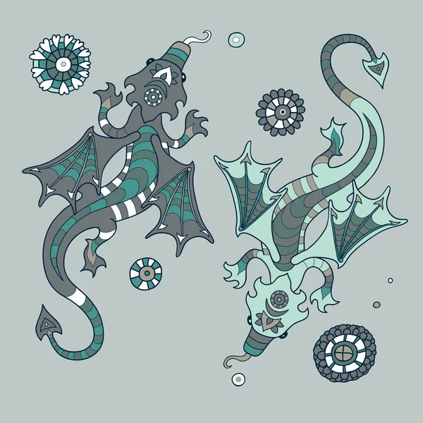 Set de dragones alados al estilo de la caricatura — Archivo Imágenes Vectoriales