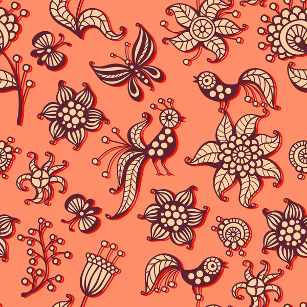 Mignon motif sans couture avec des oiseaux, des papillons et des fleurs — Image vectorielle