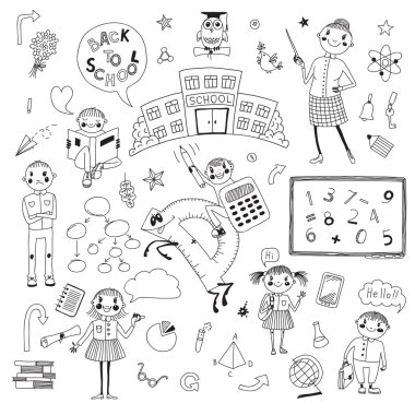 Tasarım Okulu için çizilmiş set el. okul, öğretmen, okul childr