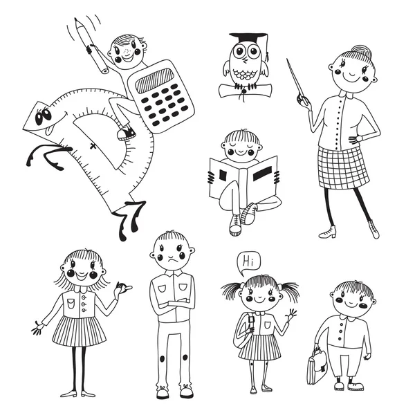 Enseignant et écoliers dessinés à la main . — Image vectorielle