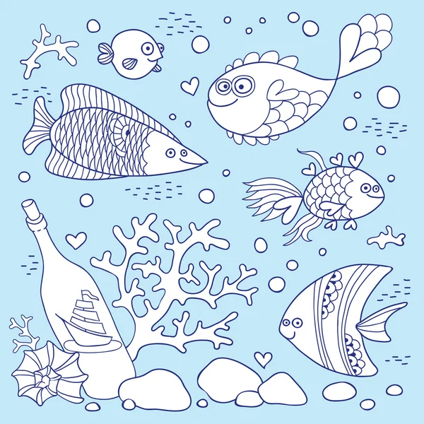 Illustration of underwater life. A set of elements: fish, bottle — Stock Vector