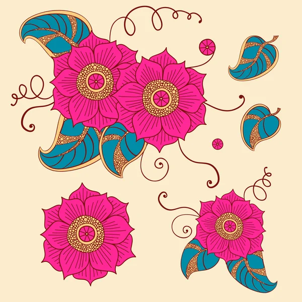 Floral set in vector. Bright flowers in ethnic style — Stock Vector