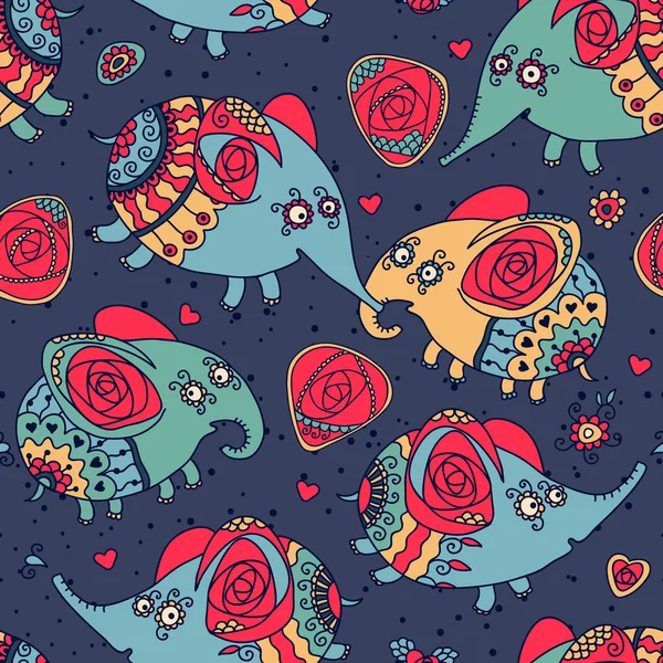 Cheerful seamless pattern with elephants and roses — Stock Vector