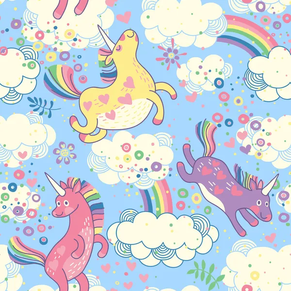 Lindo patrón sin costuras con unicornios de arco iris en las nubes — Vector de stock