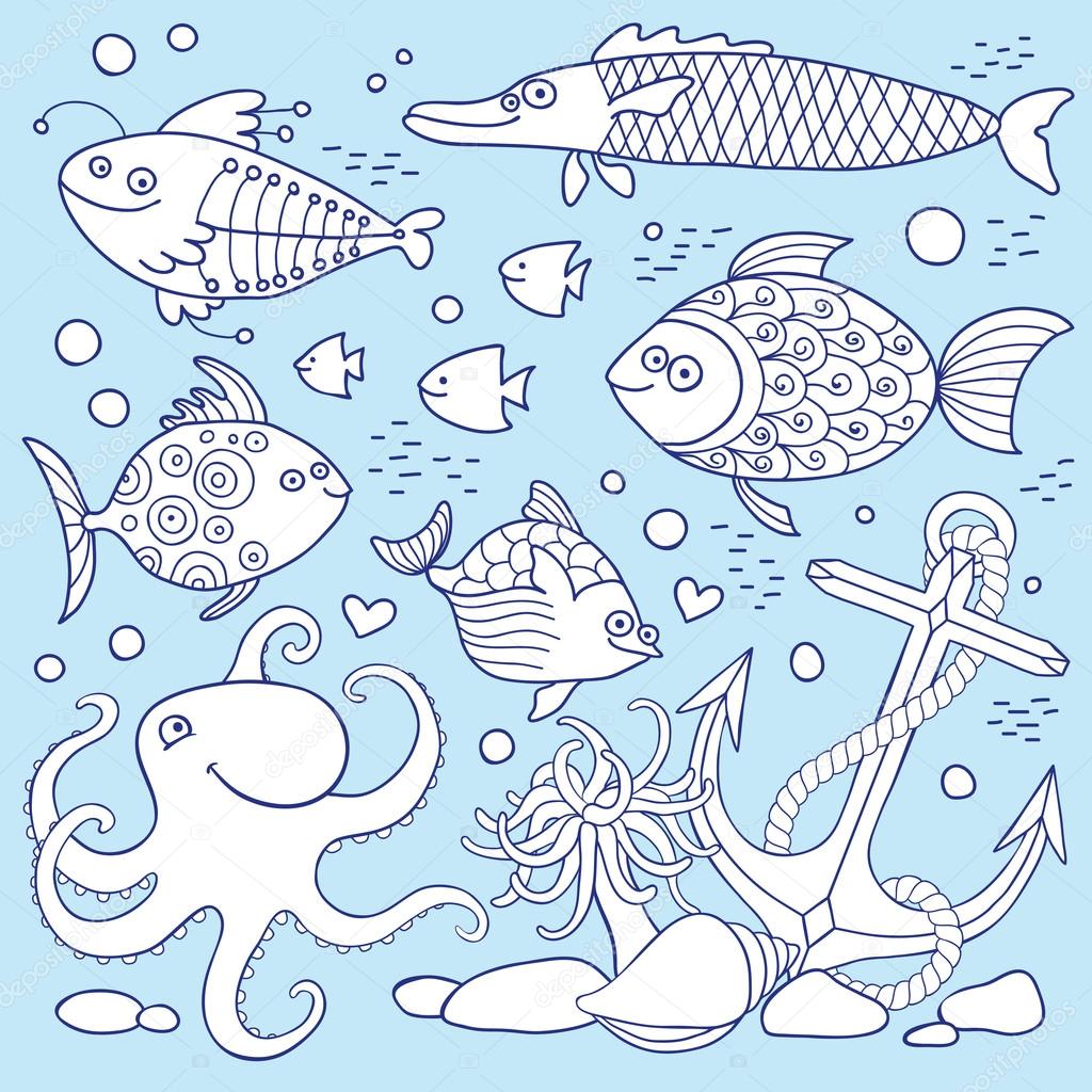 Illustration of underwater life. A set of elements: fish, anchor