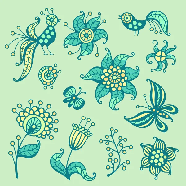Conjunto de elementos para el diseño: pájaros, mariposas, flores — Vector de stock