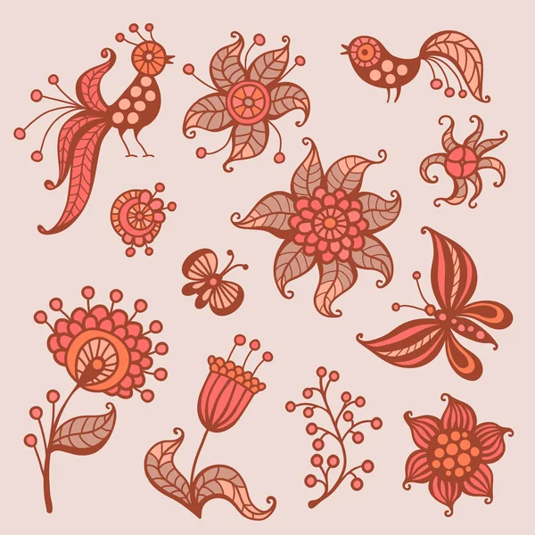 Conjunto de elementos para el diseño: pájaros, mariposas, flores — Vector de stock