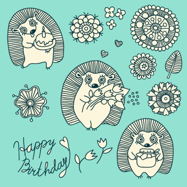 Bebek için tasarım öğeleri kümesi: sevimli kirpi ve çiçekler