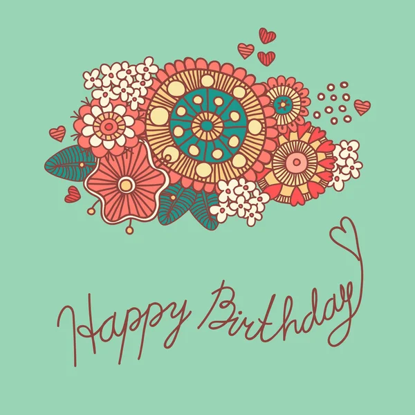 Happy birthday. Cute card with flowers in the style of the carto — Stock Vector