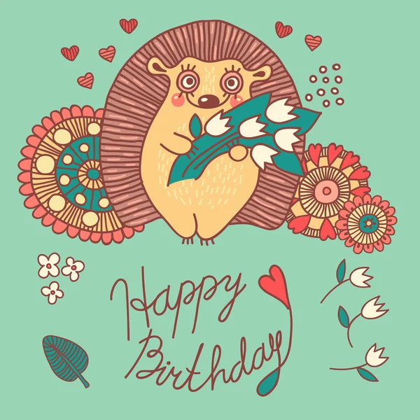 Söta kort med en besättning cut och blommor - Grattis på födelsedagen — Stock vektor