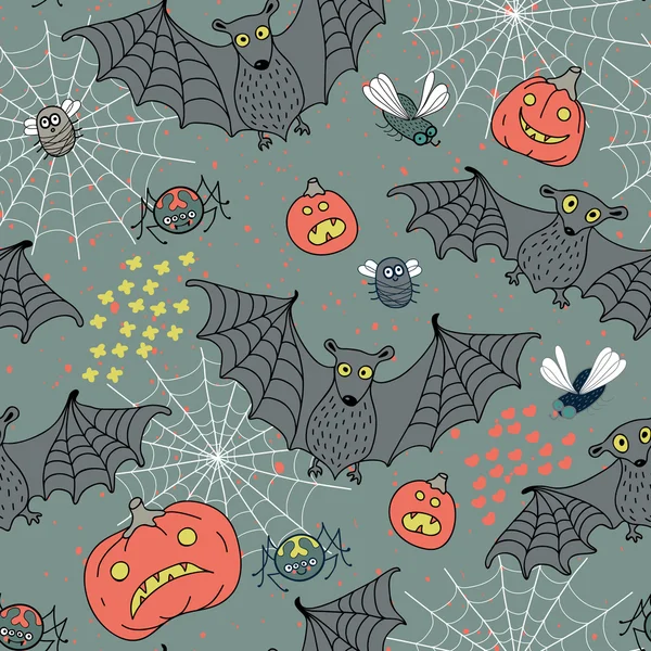 Modello senza cuciture per un Halloween felice con pipistrelli, ragni, pompetta — Vettoriale Stock