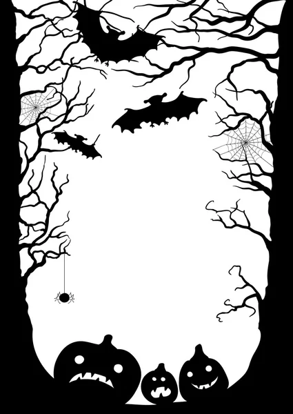 Carte d'Halloween avec la silhouette des arbres, chauves-souris, citrouilles, spi — Image vectorielle