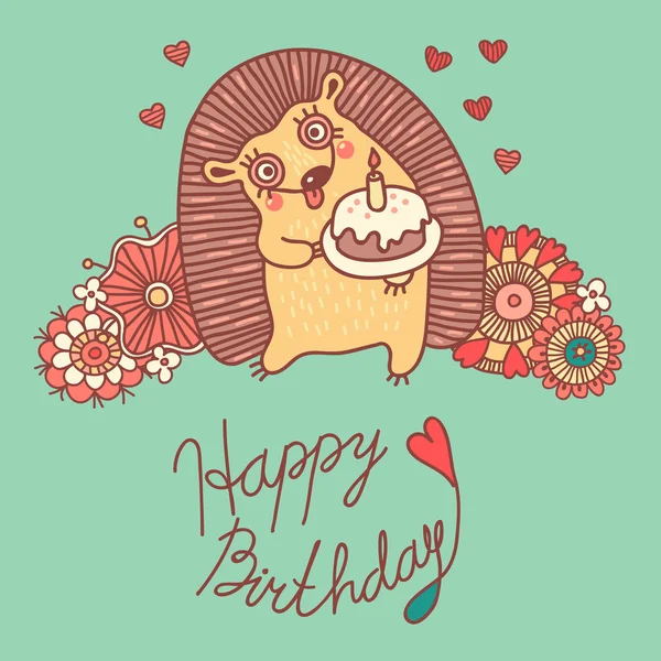 Leuke kaart met een egel en bloemen - gelukkige verjaardag — Stockvector