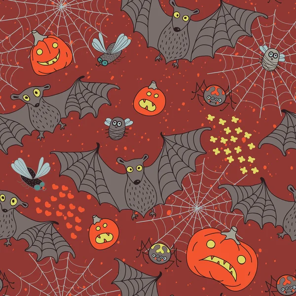 Nahtloses Muster für ein fröhliches Halloween mit Fledermäusen, Spinnen, Kürbis — Stockvektor