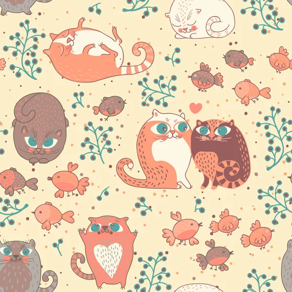 Romantic seamless pattern with cats and birds in vector — Stock Vector