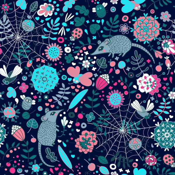 Life in the meadow. Seamless pattern with flowers, leaves, grass — Stock Vector