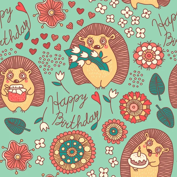 Happy birthday. Seamless pattern with cute hedgehogs and flowers — Stock Vector