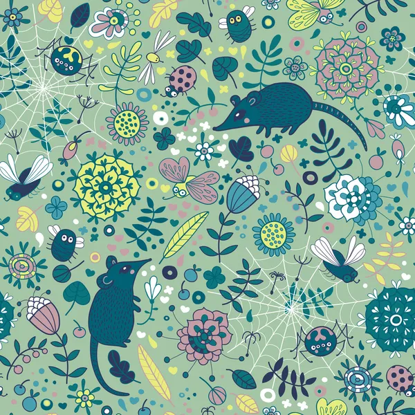 Life in the meadow. Seamless pattern with flowers, leaves, grass — Stock Illustration Life in the meadow. Seamless pattern with flowers, leaves, grass Stock Illustration